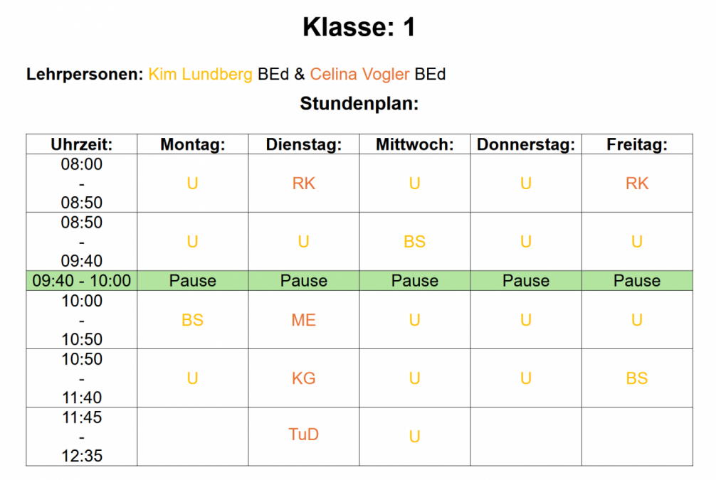 Stundenplan 2026/27 - 1. Klasse